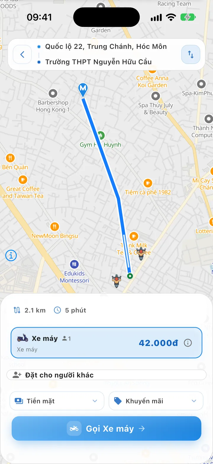 Màn hình xem giá: lộ trình trên bản đồ, quãng đường, thời gian và giá chuyến xe máy trước khi đặt