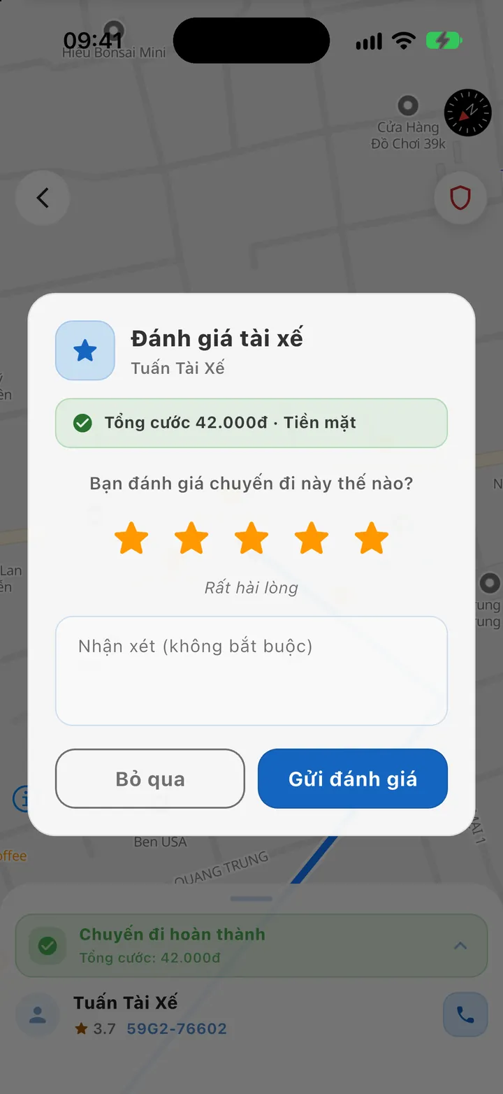 Kết thúc chuyến: tổng cước, phương thức thanh toán và đánh giá tài xế
